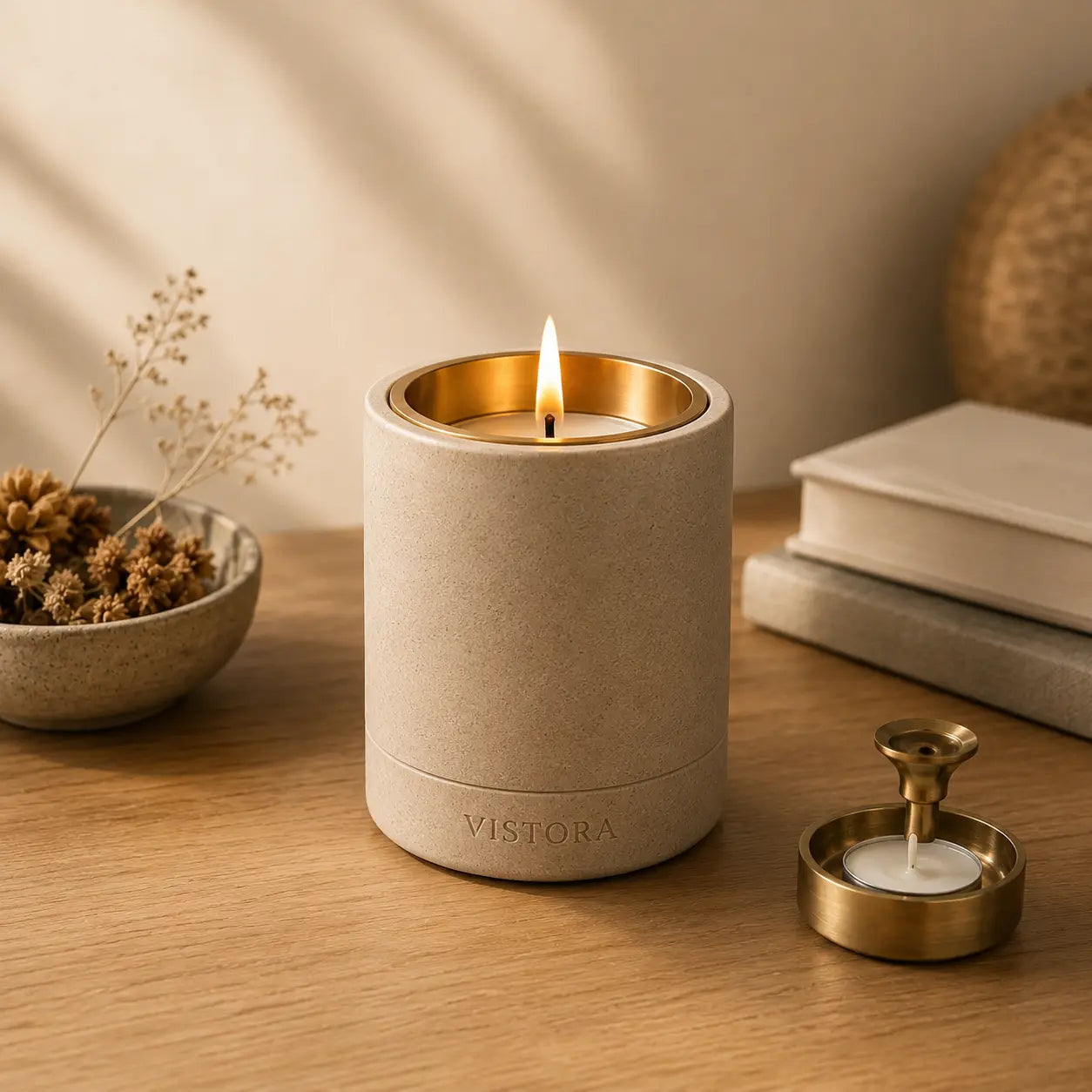 Candle Holder — Stoneware & Brass