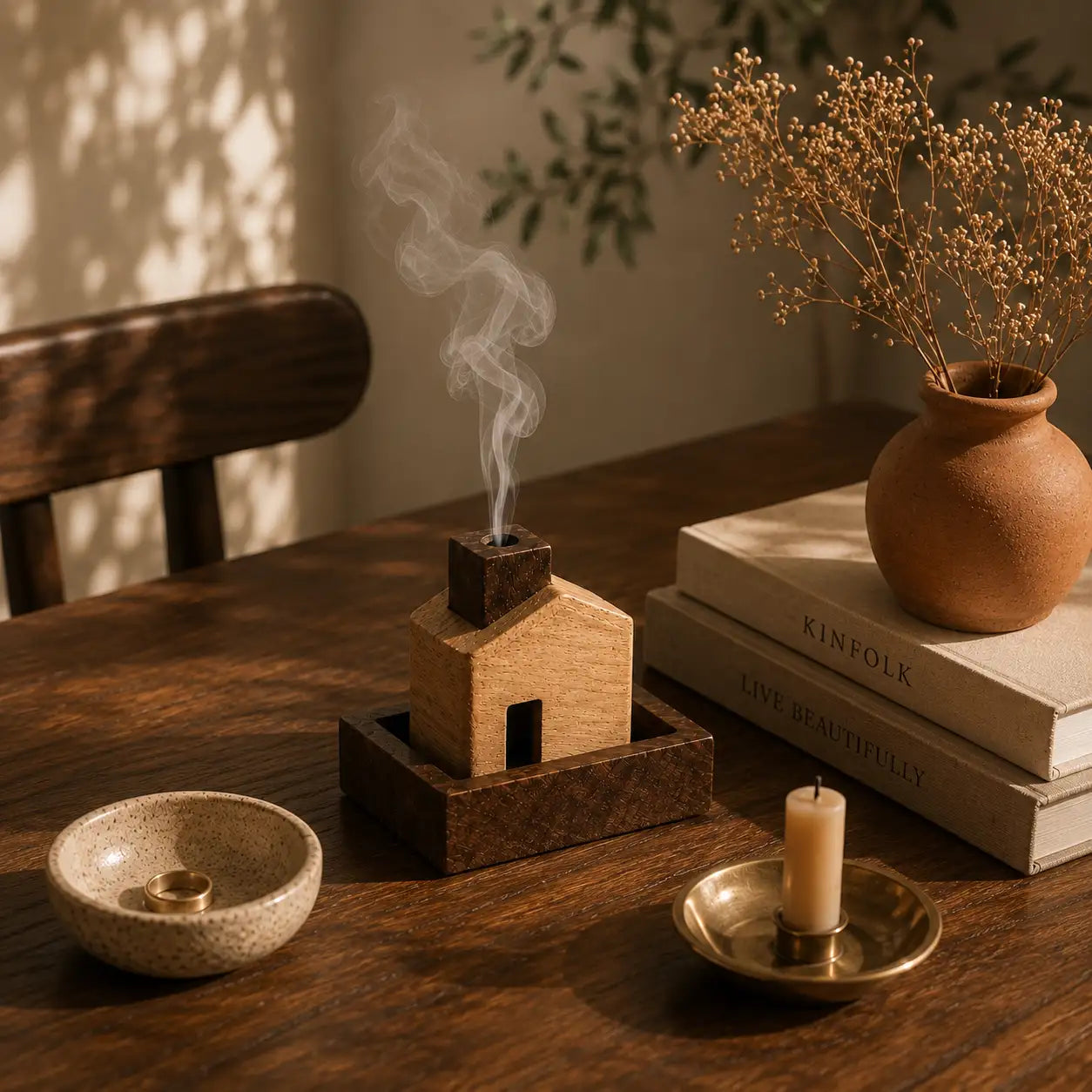 Wooden Incense Holder — House Shape with Ash Catcher