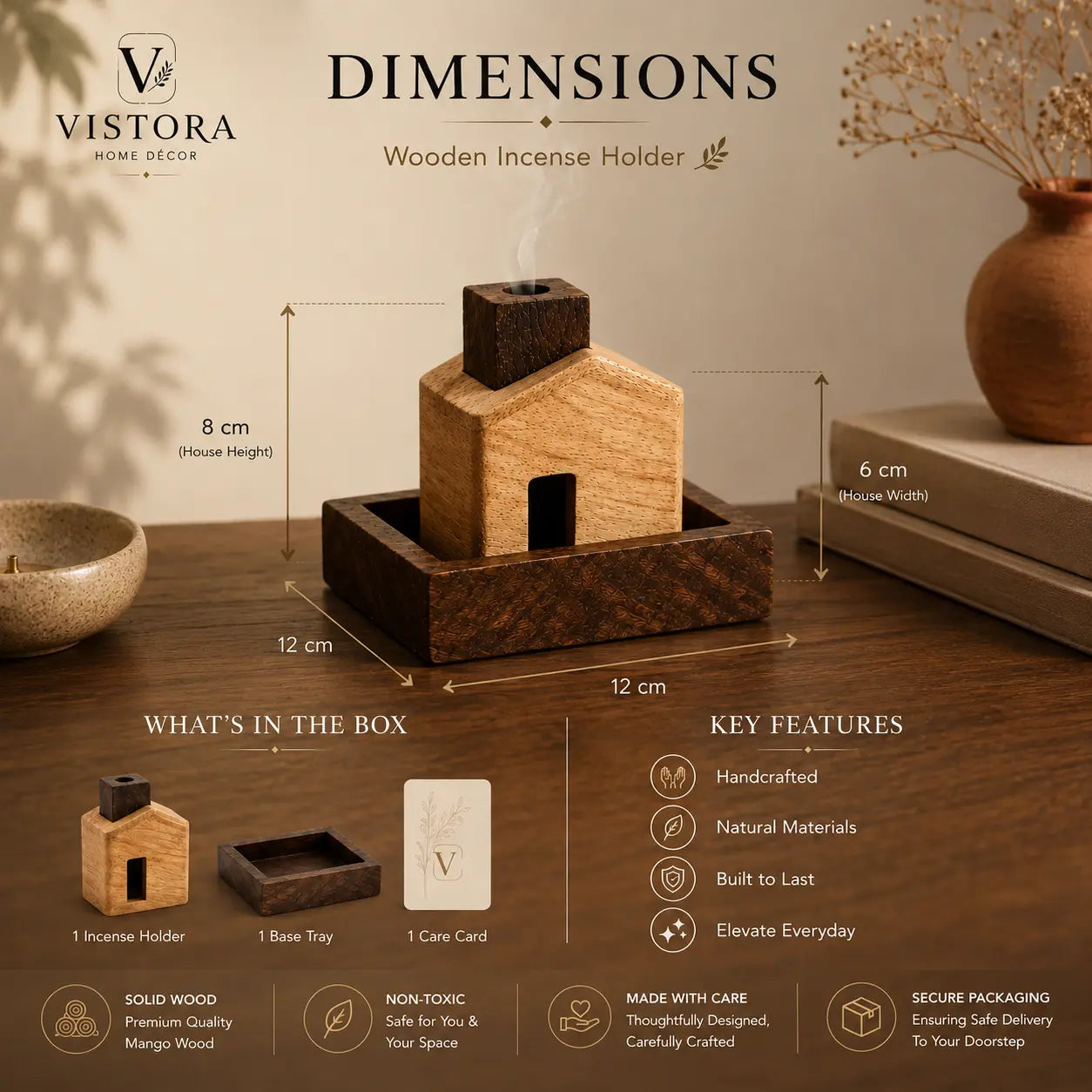 Wooden Incense Holder — House Shape with Ash Catcher