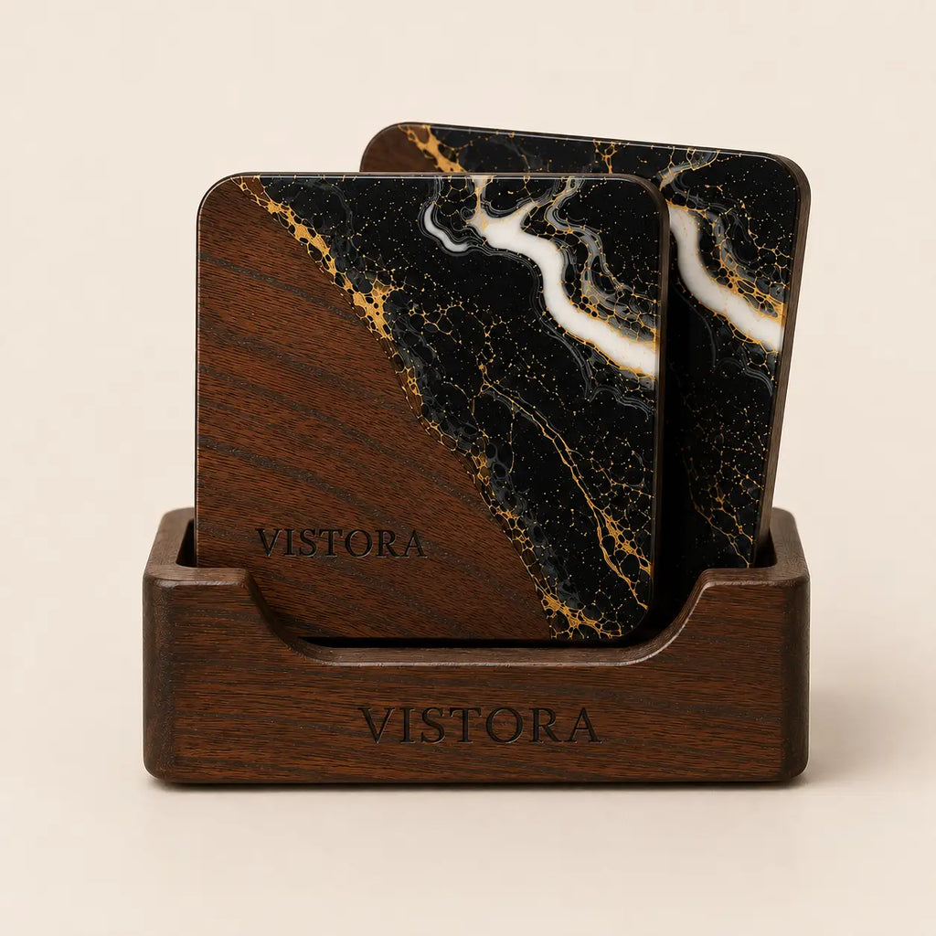 Resin + Wood Coaster Set — Pack of 2 with Holder