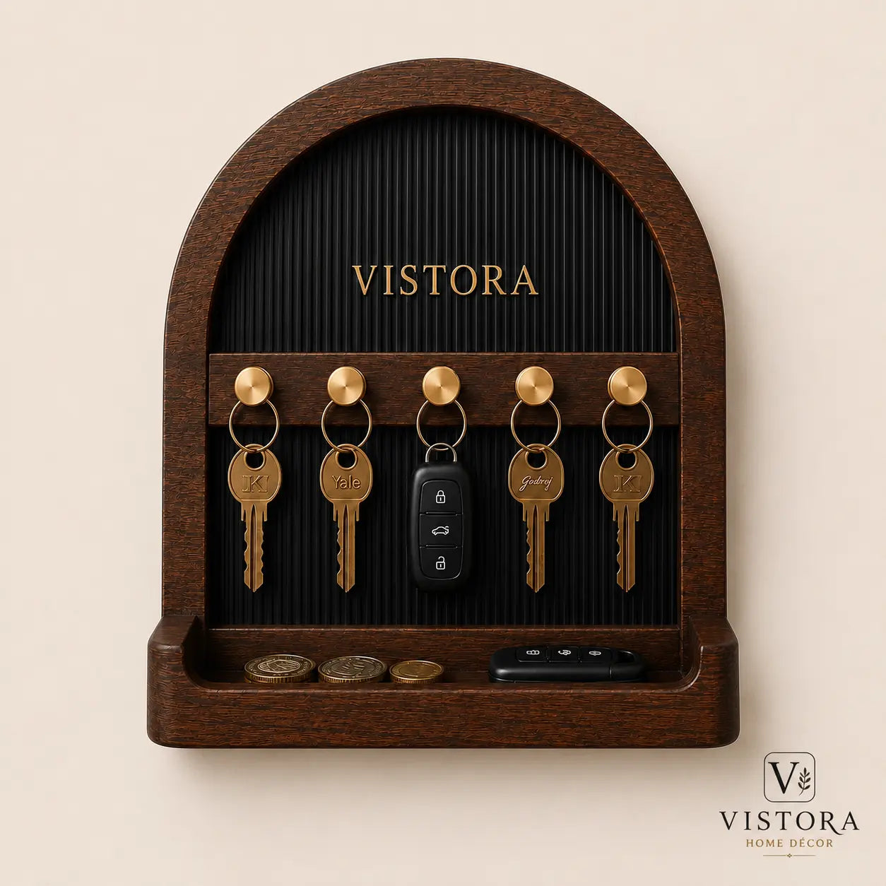 Arch Key Holder — Fluted Wood & Brass Wall Organizer