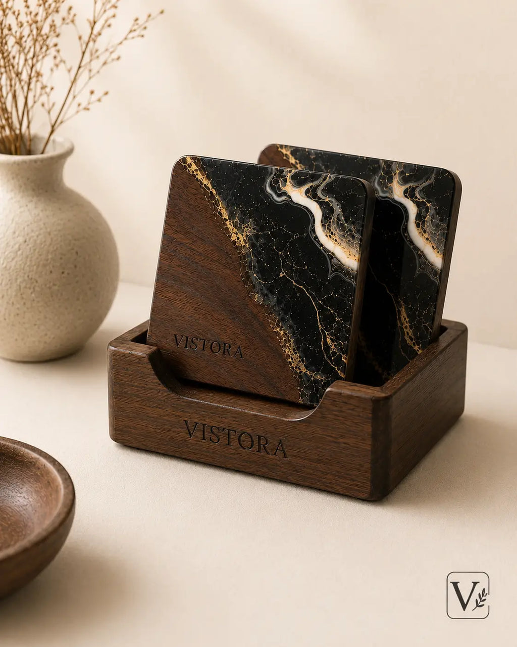 Resin + Wood Coaster Set — Pack of 2 with Holder