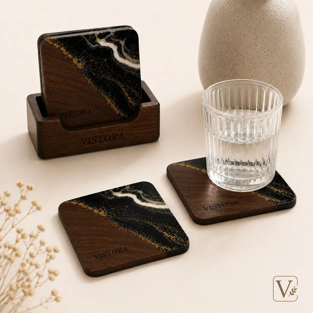 Resin + Wood Coaster Set — Pack of 2 with Holder