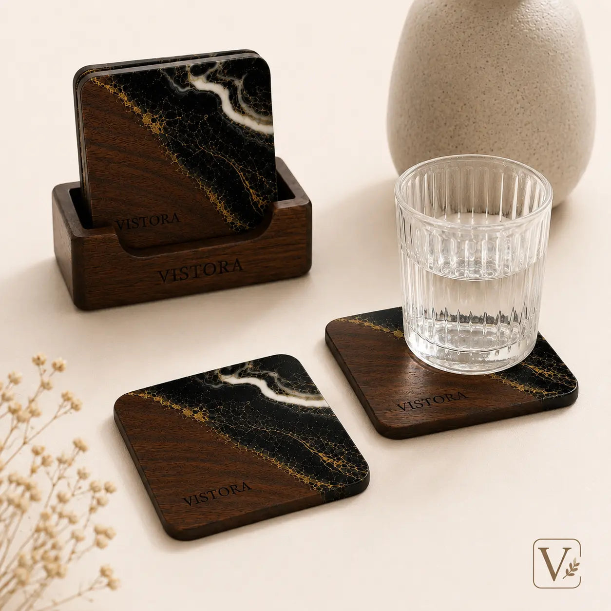 Resin + Wood Coaster Set — Pack of 2 with Holder