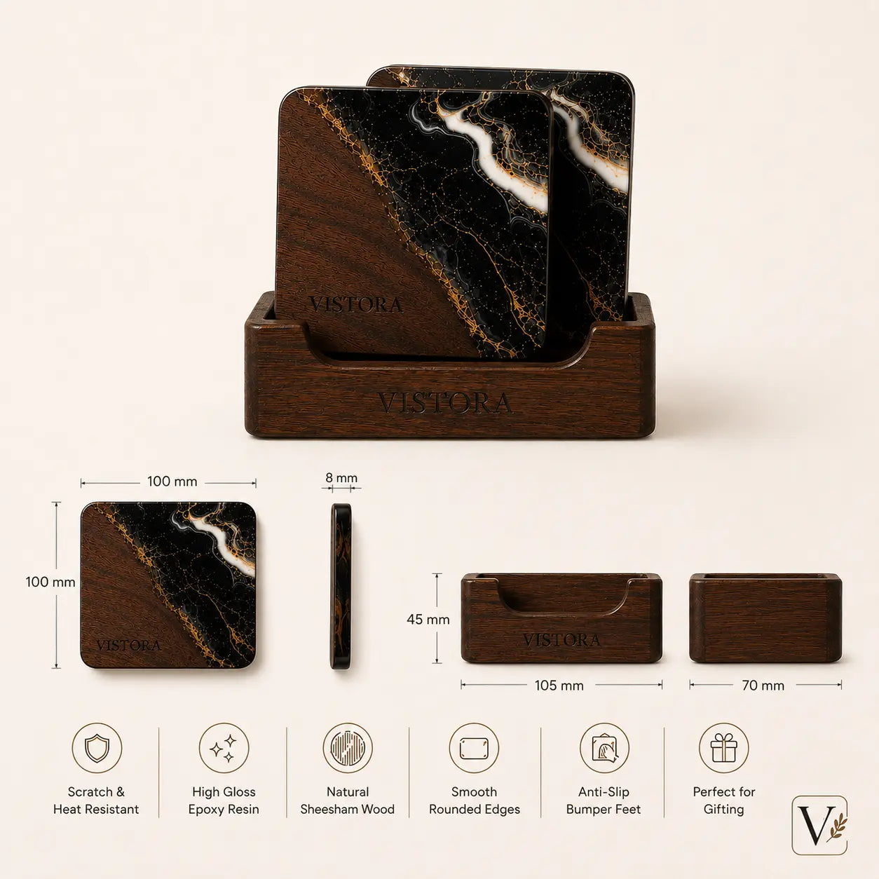 Resin + Wood Coaster Set — Pack of 2 with Holder