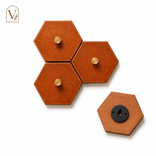 Hexagon Wall Tile Set by Vistora in walnut stain arranged in honeycomb pattern