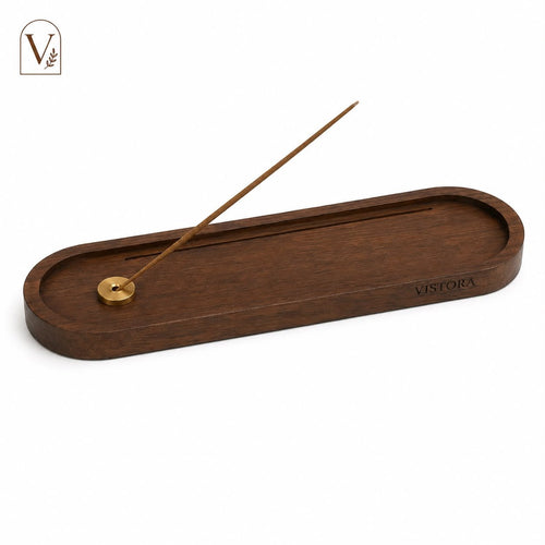 Flat Incense Holder by Vistora in walnut stain with incense stick burning