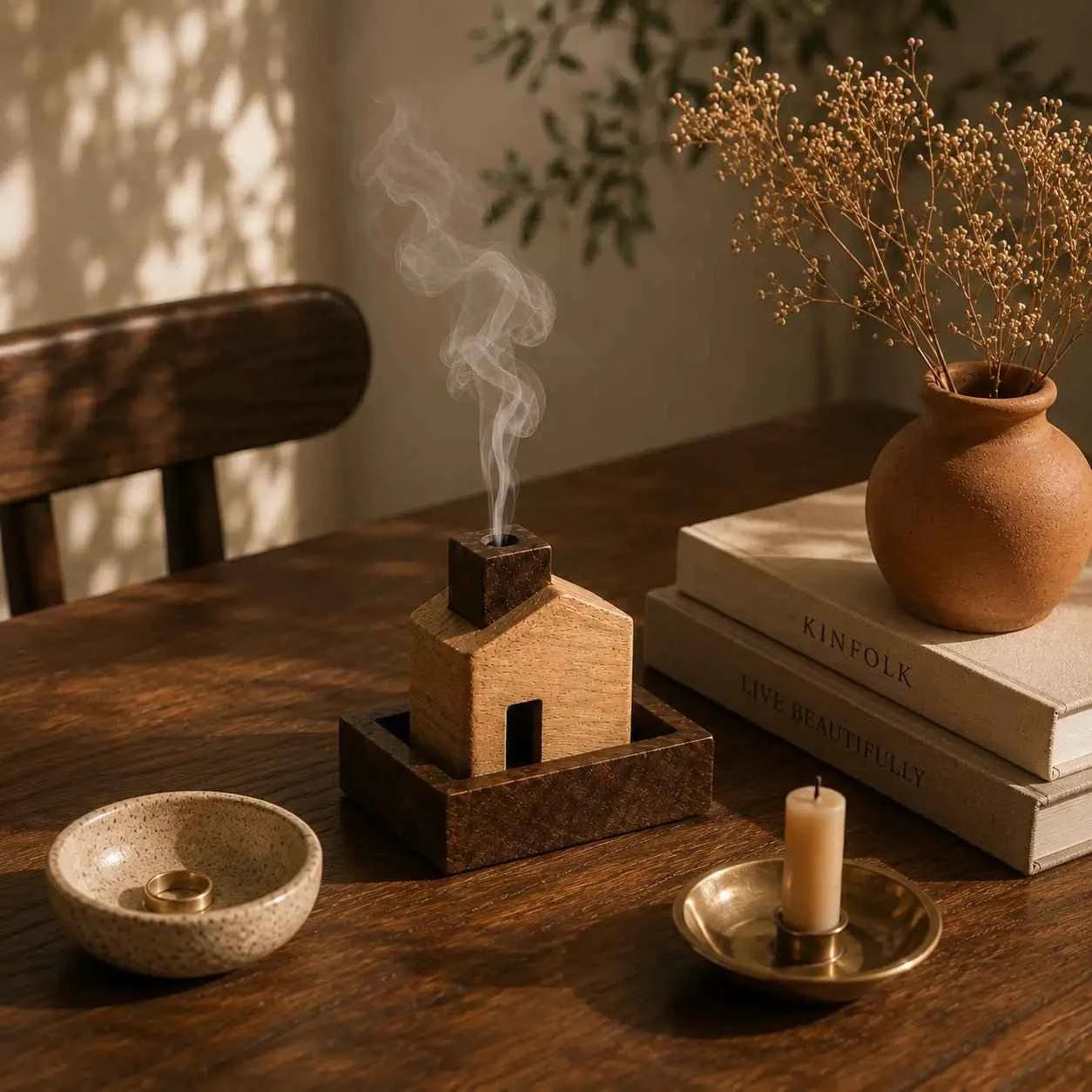 Wooden Incense Holder — House Shape with Ash Catcher