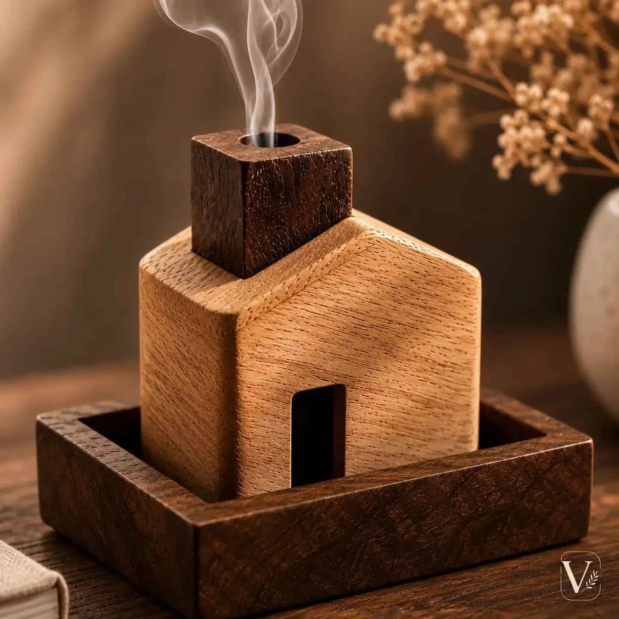 Wooden Incense Holder — House Shape with Ash Catcher