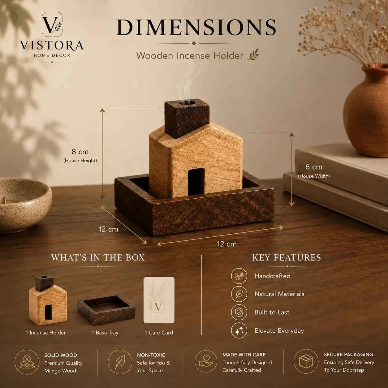 Wooden Incense Holder — House Shape with Ash Catcher